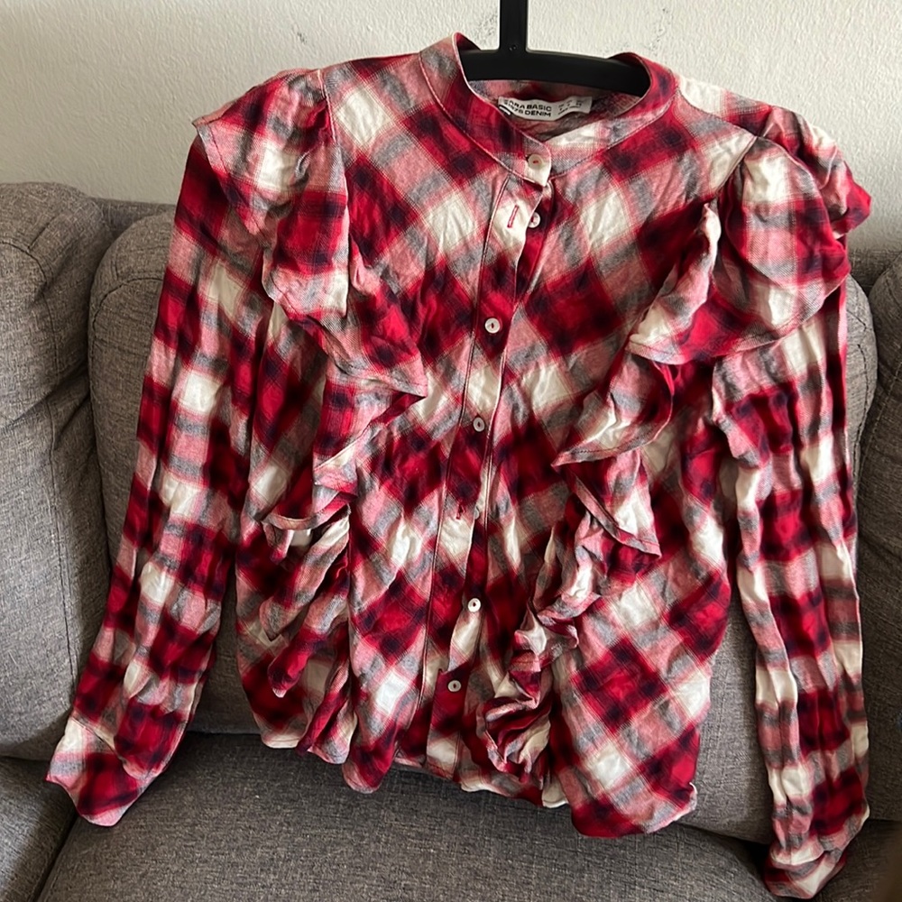 Zara Flannel Ruffle Button Down